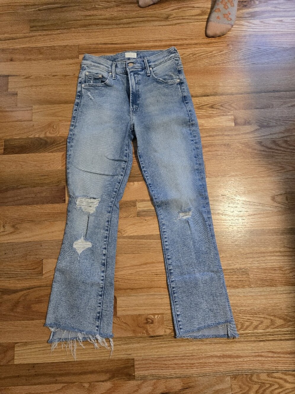 MOTHER Distressed Light Blue Flare Jeans